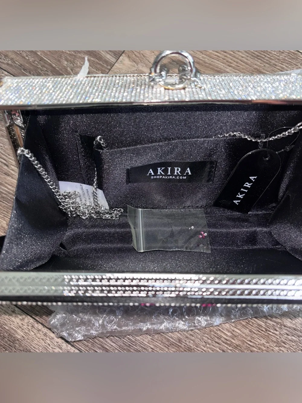 AKIRA Pink Crystal Money Bill Clutch with Silver Chain Strap